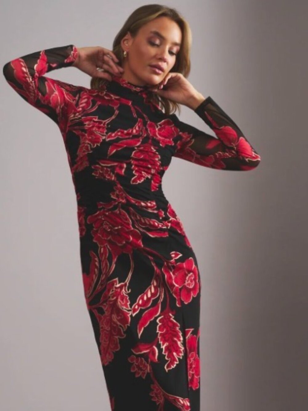 NWT Adrianna Papell Long Sleeve Floral Mesh Bodycon Midi Dress. Size 10